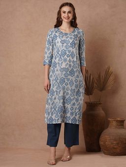 FASHOR - Blue Ikat Stylized Printed Straight Fit Cotton Kurta