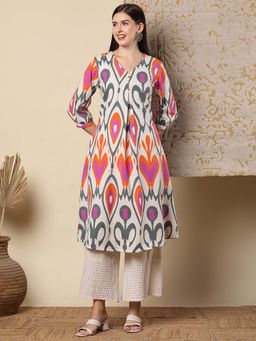 FASHOR - White Ikat Printed A-Line Flared Kurta