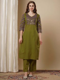 FASHOR - Green Mirror Embroidered Straight Fit Kurta with Pant (Set of 2)
