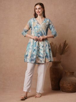 FASHOR - Blue Printed Angrakha Style Kurta with Pant (Set of 2)