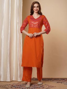 FASHOR - Orange Mirror Embroidered Straight Fit Kurta with Pant (Set of 2)