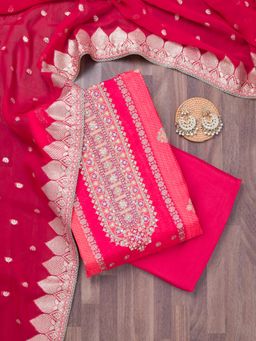 Koskii - Pink Cut Dana Unstitched Kurta with Unstitched Bottom and Dupatta (Set of 3)