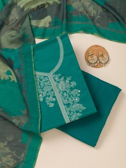 Koskii - Sea Green Zari Work Unstitched Kurta with Unstitched Bottom and Dupatta (Set of 3)