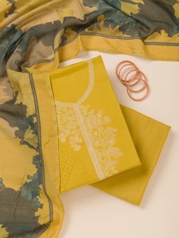 Koskii - Mustard Zari Work Unstitched Kurta with Unstitched Bottom and Dupatta (Set of 3)