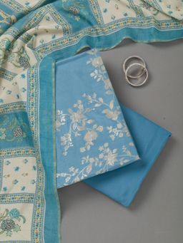 Koskii - Sky Blue Zari Work Unstitched Kurta with Unstitched Bottom and Dupatta (Set of 3)