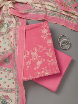 Koskii - Pink Zari Work Unstitched Kurta with Unstitched Bottom and Dupatta (Set of 3)