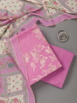 Koskii - Pink Zari Work Unstitched Kurta with Unstitched Bottom and Dupatta (Set of 3)