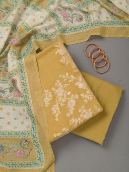 Koskii - Mustard Zari Work Unstitched Kurta with Unstitched Bottom and Dupatta (Set of 3)