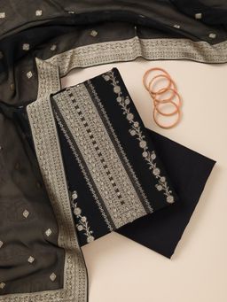 Koskii - Black Zari Work Opada Silk Unstitched Kurta with Unstitched Bottom and Dupatta (Set of 3)
