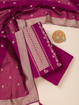 Koskii - Wine Zari Work Opada Silk Unstitched Kurta with Unstitched Bottom and Dupatta (Set of 3)