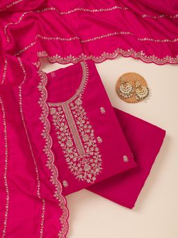 Koskii - Rani Pink Cording Unstitched Kurta with Unstitched Bottom and Dupatta (Set of 3)