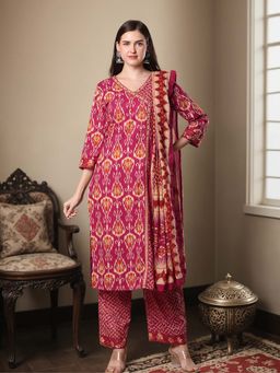 FASHOR - Pink Ikat Printed Embroidered Fit Kurta with Pant and Dupatta (Set of 3)