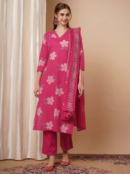 FASHOR - Pink Floral Printed Kurta with Pant and Dupatta (Set of 3)