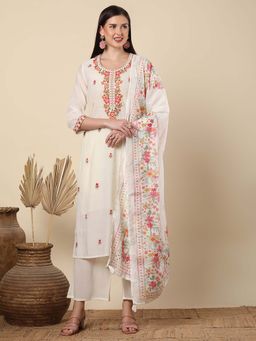 FASHOR - White Floral Hand Embroidered Kurta with Palazzo and Dupatta (Set of 3)