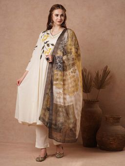 FASHOR - Off White Floral Hand Painted Anarkali Kurta with Pant and Dupatta (Set of 3)