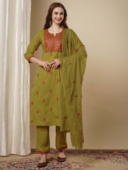 FASHOR - Green Mirror Embroidered Kurta with Pant and Dupatta (Set of 3)