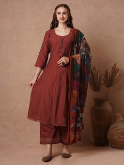 FASHOR - Flared Kurta with Palazzo and Dupatta (Set of 3)