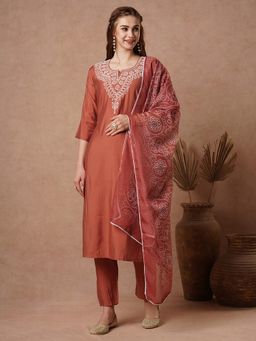 FASHOR - Rust Embroidered Kurta with Pant and Printed Dupatta (Set of 3)