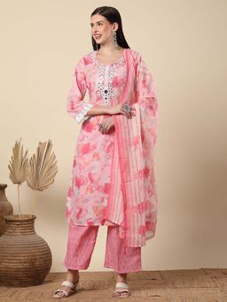 FASHOR - Pink Printed and Mirror Embroidered Kurta with Palazzo and Dupatta (Set of 3)