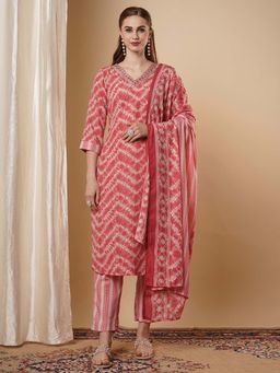 FASHOR - Pink Printed and Embroidered Kurta with Pant and Dupatta (Set of 3)