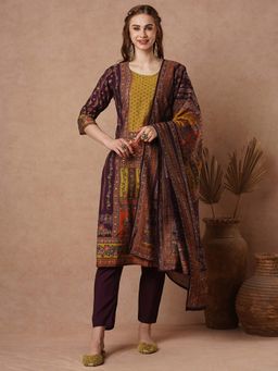 FASHOR - Purple Mughal Printed Embroidered Kurta with Pant and Dupatta (Set of 3)