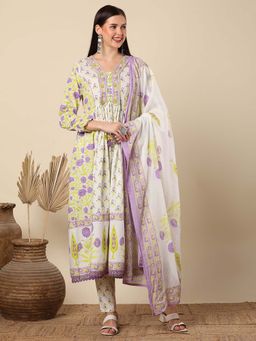 FASHOR - White Floral Printed and Embroidered Kurta with Pant and Dupatta (Set of 3)
