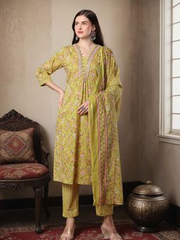 FASHOR - Floral Printed and Embroidered Kurta with Pant and Dupatta (Set of 3)