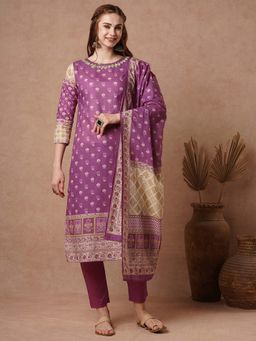 FASHOR - Purple Floral Printed Kurta with Pant and Dupatta (Set of 3)