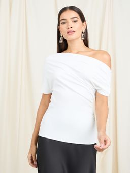 Styli Elevate - Women White Solid Asymmetric Neck Short Sleeve Comfortable Top