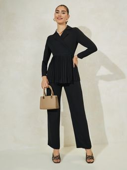 Styli - Women Black Solid Pleated Regular Fit Co-Ord Set