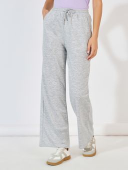 Styli - Women Grey Melange Mid-Rise Wide Leg Open Hem Trackpant