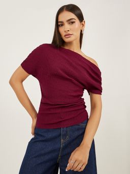 Styli - Women Maroon Solid Asymmetric Neck Short Sleeves Regular Fit Top