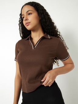 max - Women Brown Solid Johnny Polo T-shirt
