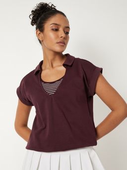 max - Women Burgundy Solid Johnny Polo T-shirt