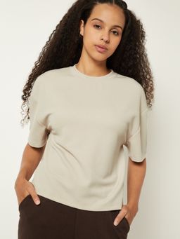 max - Women Beige Ribbed T-shirt