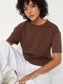 max - Women Brown Ribbed T-shirt