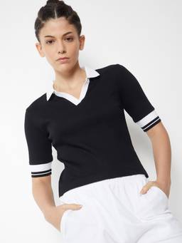 max - Women Black Ribbed Johnny Polo T-shirt