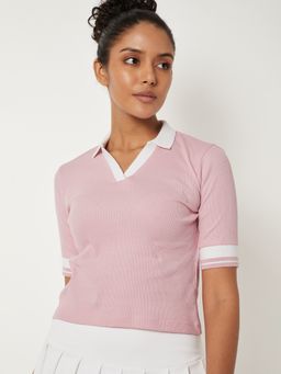 max - Women Pink Ribbed Johnny Polo T-shirt