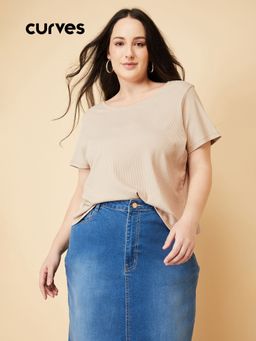 max - Women Beige Ribbed T-shirt