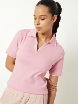 max - Women Pink Ribbed Slim Fit Polo T-shirt