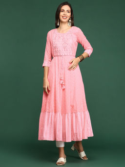 SHOWOFF - Women's Pink Embellished Anarkali Kurta with Belt (Set of 2)