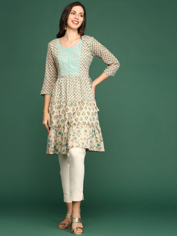 SHOWOFF - Women's Beige Floral Straight Kurta
