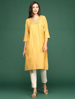 SHOWOFF - Women's Mustard Solid Straight Kurta