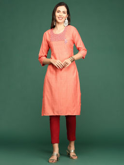SHOWOFF - Women's Orange Solid Straight Kurta
