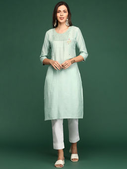 SHOWOFF - Women's Sea Green Solid Straight Kurta