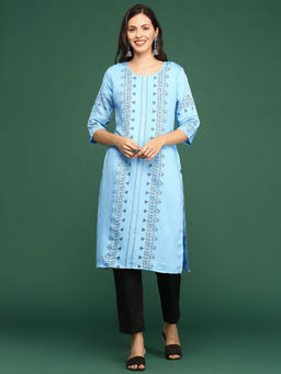 SHOWOFF - Women's Blue Ethnic Motifs Straight Kurta