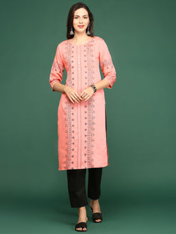 SHOWOFF - Women's Peach Ethnic Motifs Straight Kurta