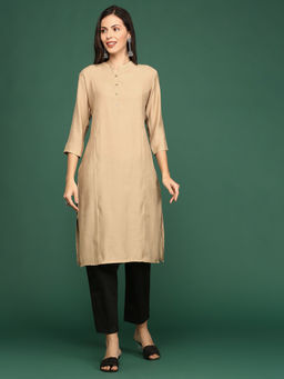 SHOWOFF - Women's Beige Solid Straight Kurta