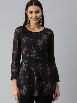 SHOWOFF - Women's Floral Round Neck Navy Blue A-Line Kurti