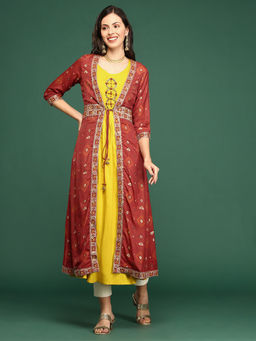 SHOWOFF - Women's Lime Green Solid Anarkali Kurta with Jacket (Set of 2)